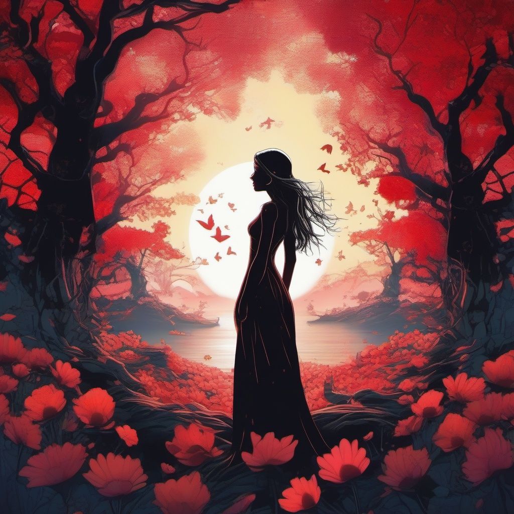 Girl, overgrown in a tree, nature, flowers, 4k, 8k, flower face, sunshine, sunbeams, sea of flowers, glowing eyes, blood red lips, beautiful Unreal Engine, splash screen, watercolor, 8k resolution, digital art, HW*, sticker, 2d cute, fantasy, dreamy, vector illustration, 2d flat, centered, by Tim Burton, professional, sleek, modern, minimalist, graphic, line art, vector graphics