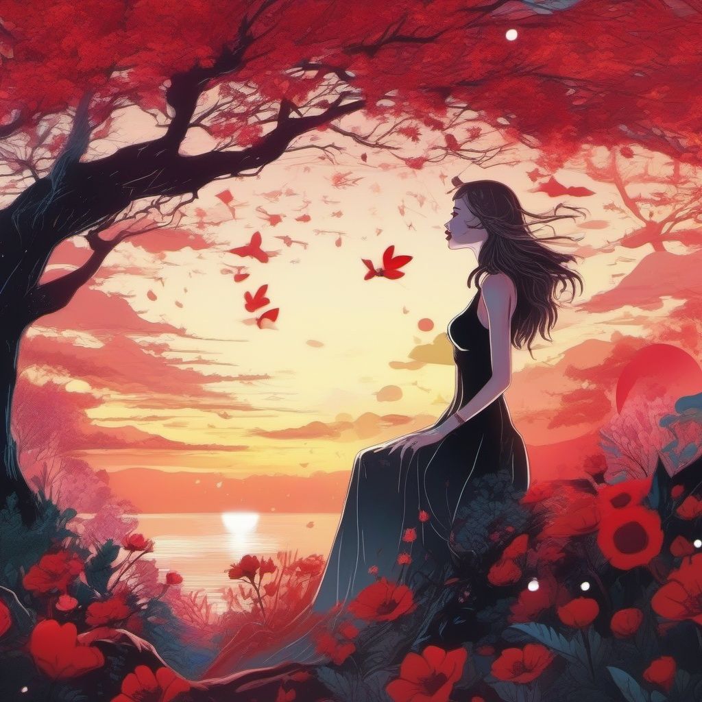 Girl, overgrown in a tree, nature, flowers, 4k, 8k, flower face, sunshine, sunbeams, sea of flowers, glowing eyes, blood red lips, beautiful Unreal Engine, splash screen, watercolor, 8k resolution, digital art, HW*, sticker, 2d cute, fantasy, dreamy, vector illustration, 2d flat, centered, by Tim Burton, professional, sleek, modern, minimalist, graphic, line art, vector graphics