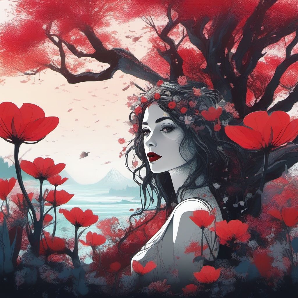 Girl, overgrown in a tree, nature, flowers, 4k, 8k, flower face, sunshine, sunbeams, sea of flowers, glowing eyes, blood red lips, beautiful Unreal Engine, splash screen, watercolor, 8k resolution, digital art, HW*, sticker, 2d cute, fantasy, dreamy, vector illustration, 2d flat, centered, by Tim Burton, professional, sleek, modern, minimalist, graphic, line art, vector graphics
