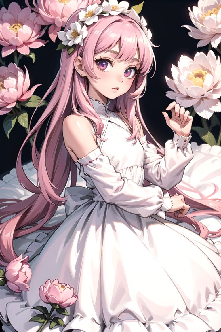 White minimalist room with nothing:1,  girl in a dress head completely covered with pink peonies:1,  photos on Tensor.Art
