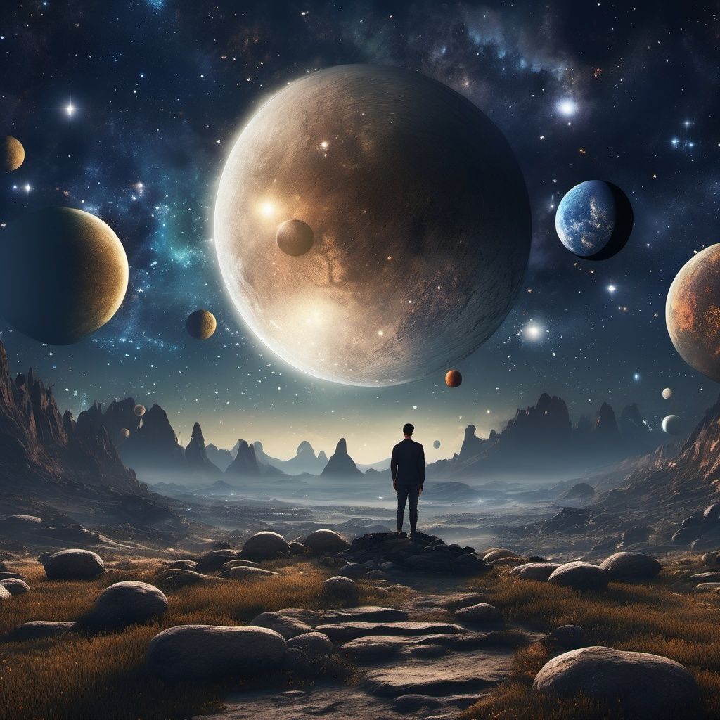 a man standing on a rocky area in the middle of a field with planets and stars in the sky, crescent moon,