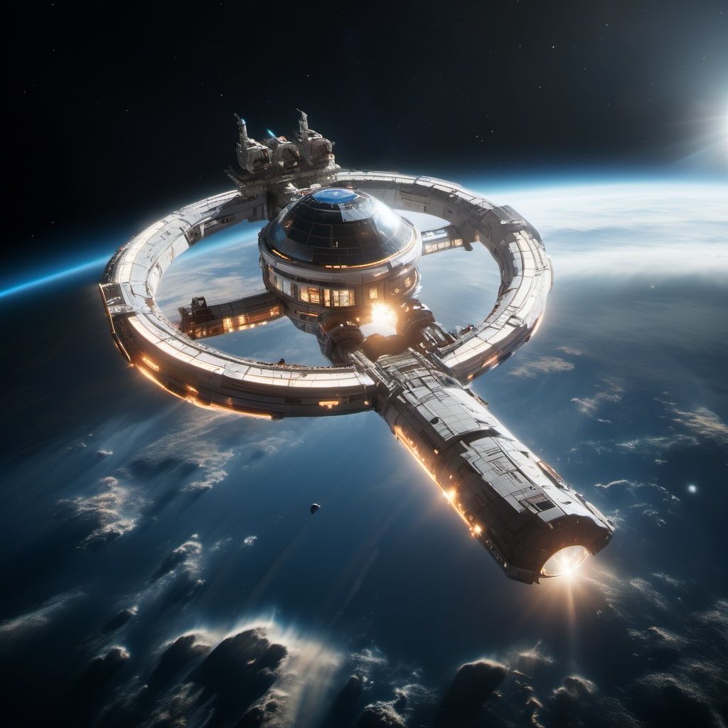 a space station in the middle of the earth with a bright light shining on it's side and a bright star above