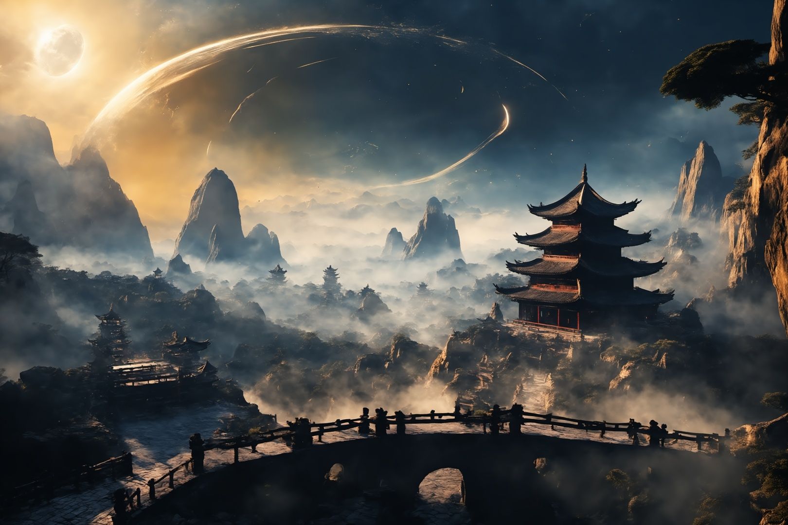 Ancient China, many flying swords through black holes, surrounded by mist, vast panoramas, illusory light and shadow, wide Angle lens, captured at dusk, cinematic texture, Unreal Engine 4, 8K Ultra HD, clear and bright image quality, amazing fantasy immortal scenes, ink painting style, highly refined, dynamic expression, clear lines, cinematic texture, cold atmosphere, vividness, Render high octane, extremely fine