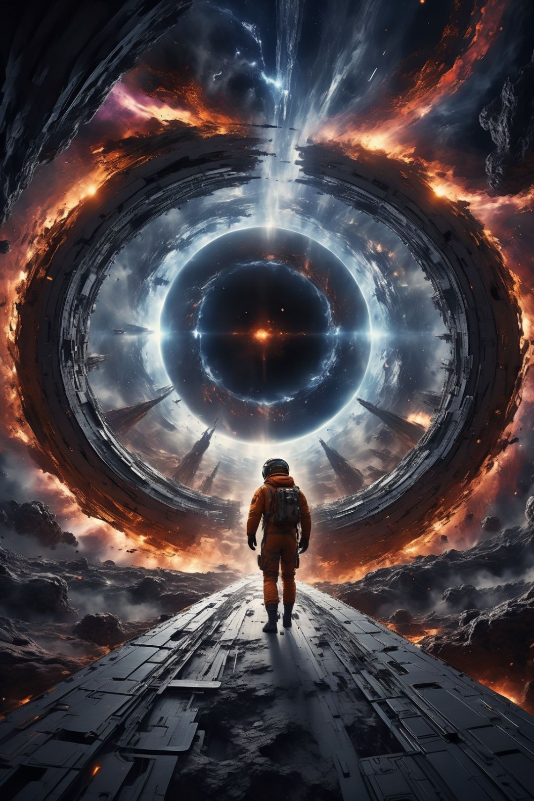 ((masterpiece)), ((best quality)), 8k, high detailed, ultra-detailed,(a person) traveling through a black hole, (time and space) intertwining, (cinematic lighting), (wide-angle lens), high octane, HD, (movie poster style).