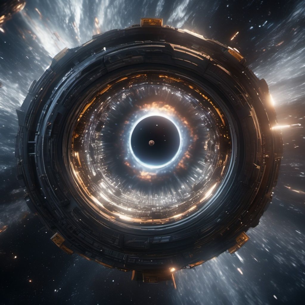 ((masterpiece)), ((best quality)), 8k, high detailed, ultra-detailed,(1 spaceship), (travels) through the (black hole), (solo), (close-up), (interstellar), (gravity distortion),(hypnotizing vortex), high detailed, ultra-detailed.