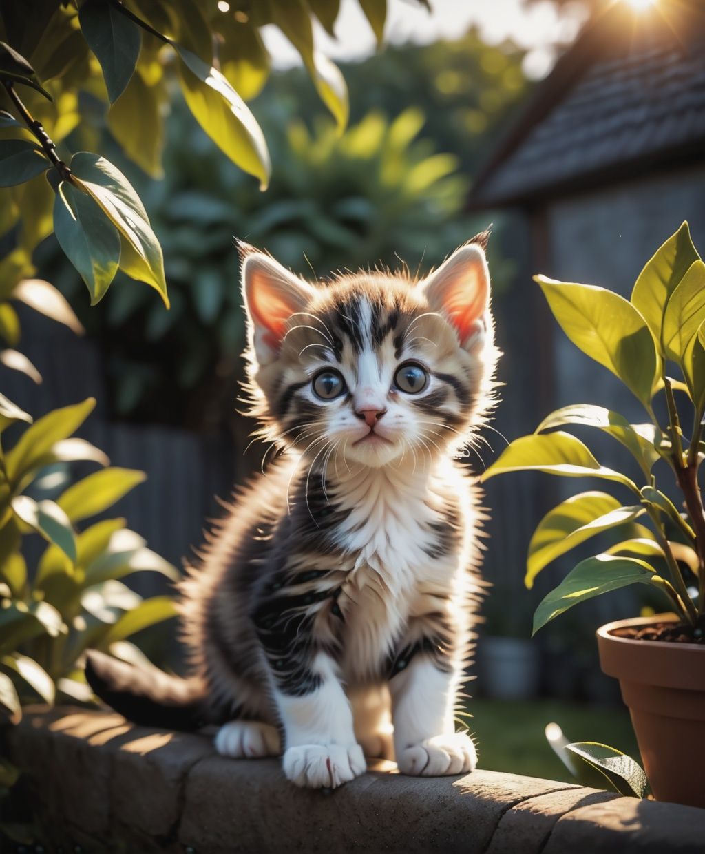 A kitten is looking down on the garden from the tree,  Dark moody lighting,  track photography on Tensor.Art