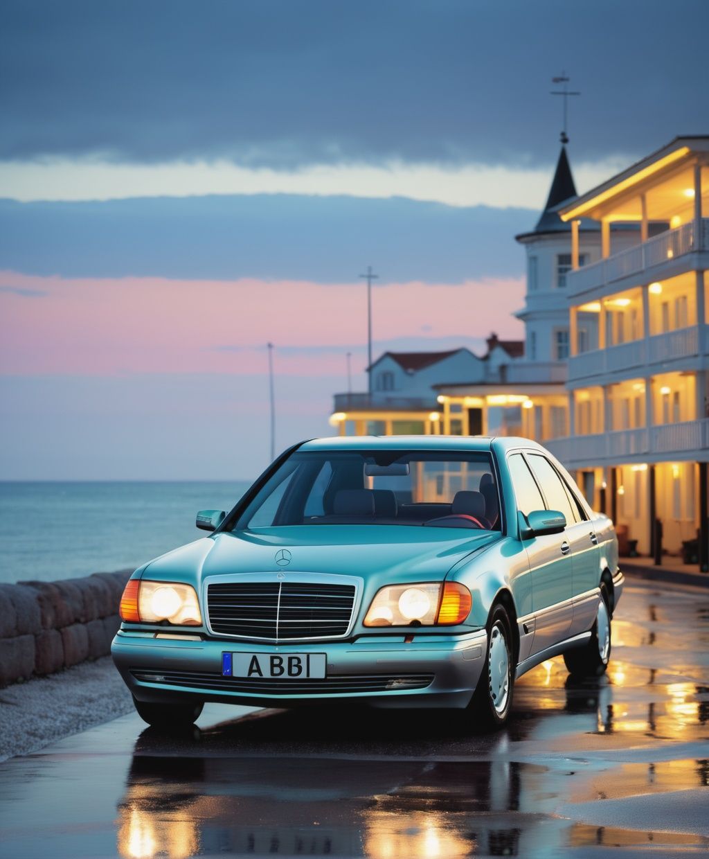 mercedes benz w140 at the seaside,  muted tones,  neon on Tensor.Art