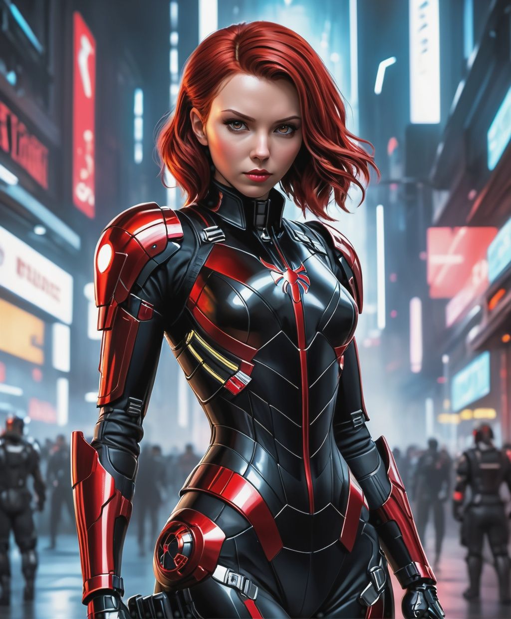 A Hi-Tech cyberpunk style red black black widow suit,  Custom design,  shining body on Tensor.Art