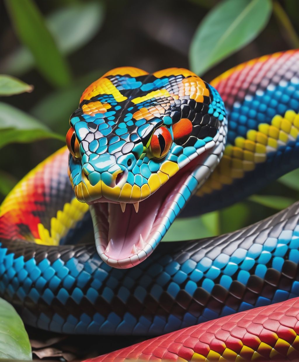 Close up shot,  Bold and Vivid colored rainbow Snake and sticking out like forked tongue on Tensor.Art
