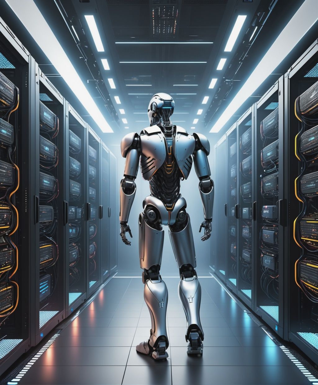 futuristic data center with robots and racks of computers,  cyberpunk,  terminator on Tensor.Art
