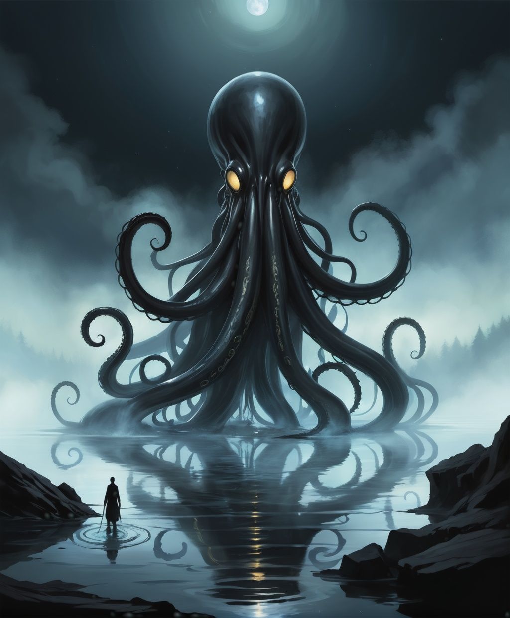 digital painting,  single long thin tentacle reaches out from an oily black lake,  fog and moonlight on Tensor.Art