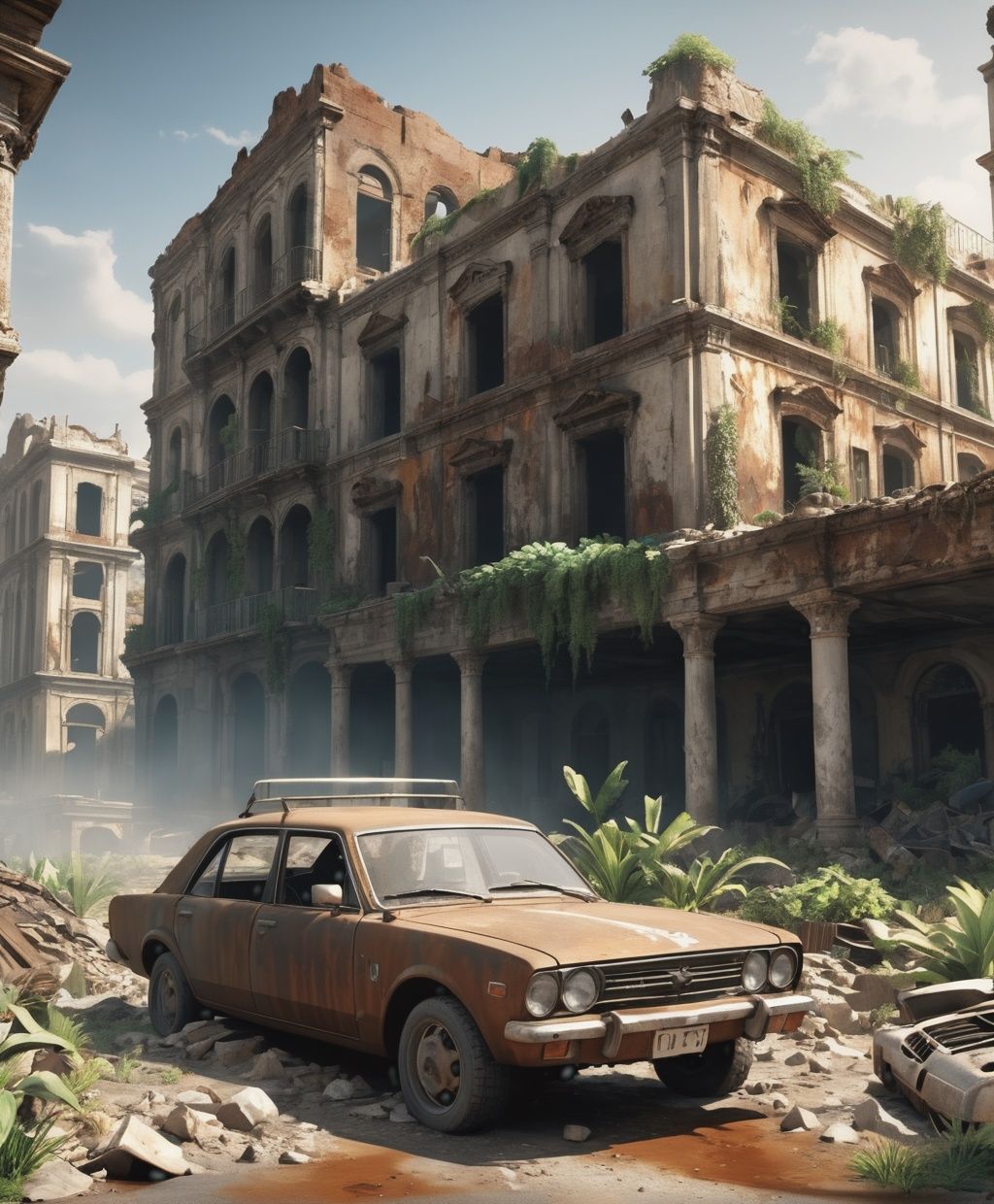 Plants,  rusting cars,  dust on Tensor.Art