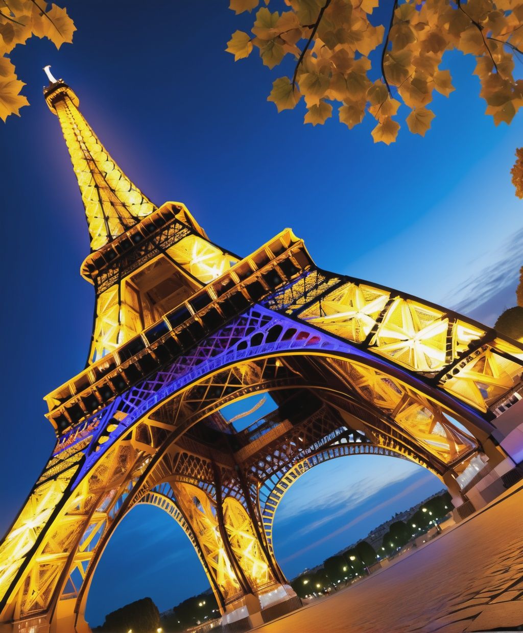 The Eiffel Tower glows in the evening light,  wide light,  knitted style on Tensor.Art