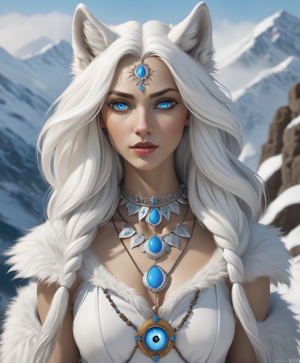 main charachter is white wolf woman,  this half woman half wolf,  like a surrealist painting line and fiction on Tensor.Art
