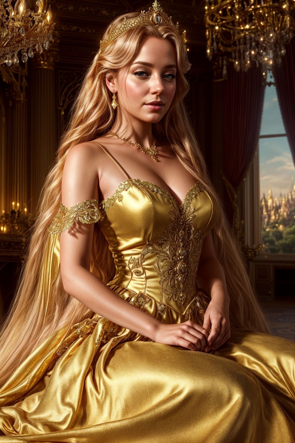 Photorealistic Images: Enchanting Fairy Tale Princess,  Royal Castle Setting,  Soft Golden Lighting on Tensor.Art