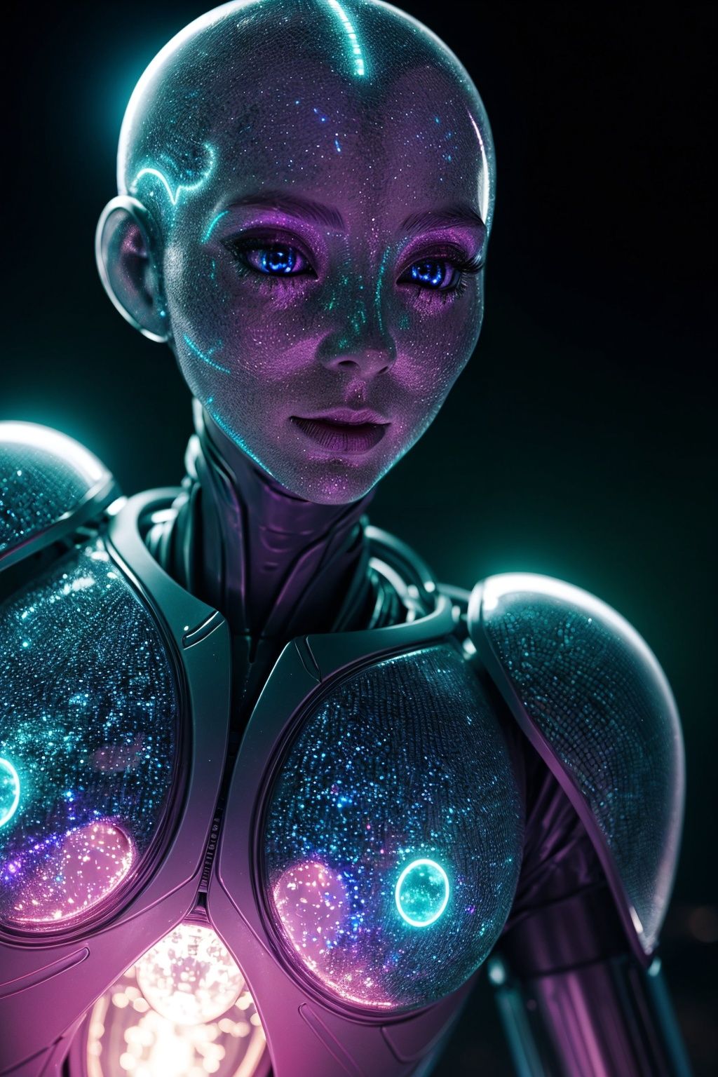 a translucent ethereal alien with delicate features in a sci-fi setting,  glowing from within,  sparks and lights on Tenso...