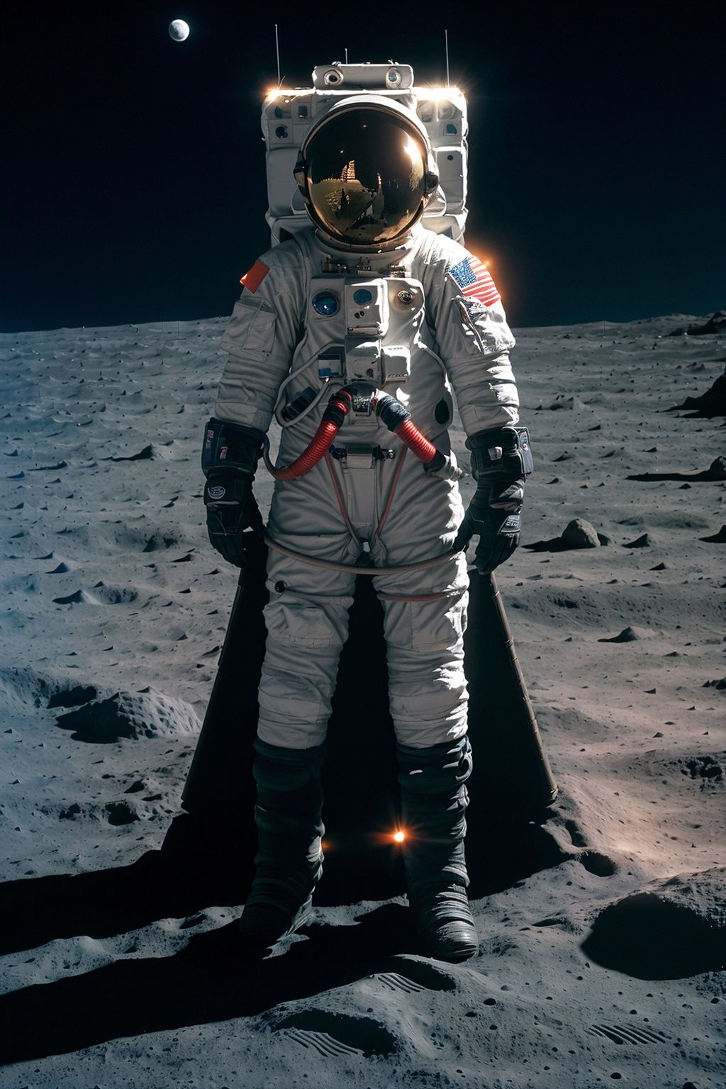 A captivating and realistic portrayal of an astronaut exploring the lunar surface. The astronaut should be wearing a space...