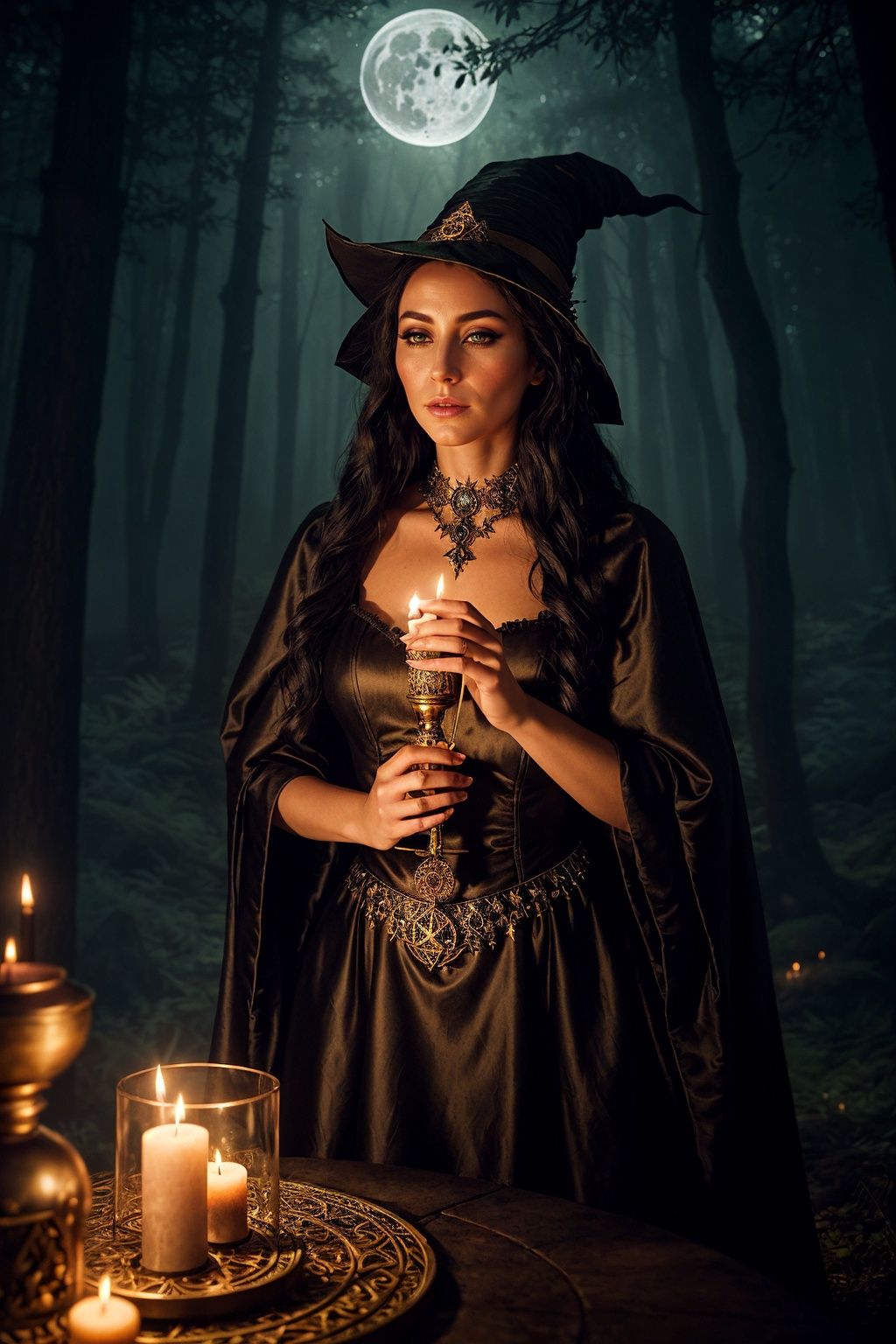 An artistic and enigmatic portrayal of a witch in her mystical realm. The witch should be depicted in an elaborate and int...