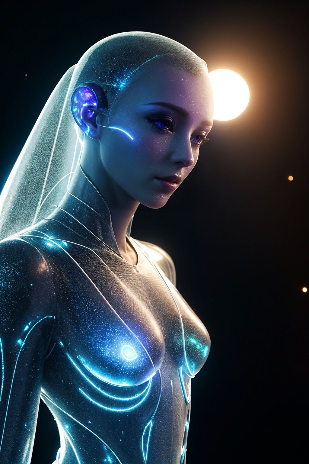 a translucent ethereal alien with delicate features in a sci-fi setting,  glowing from within,  sparks and lights on Tenso...