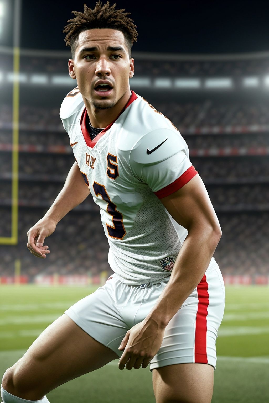 A lifelike and intense portrayal of a football player on the field,  fully focused during a game. The player should be cap...