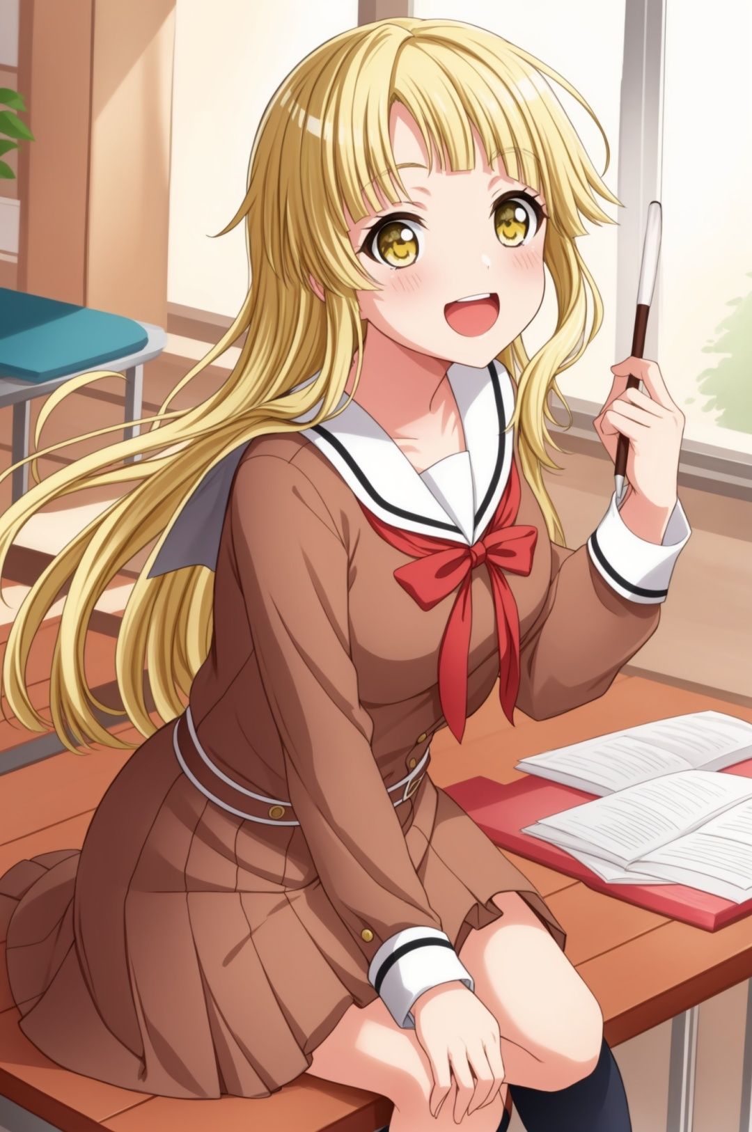 hanasakigawa school uniform,brown dress,masterpiece, best quality,hand on hip