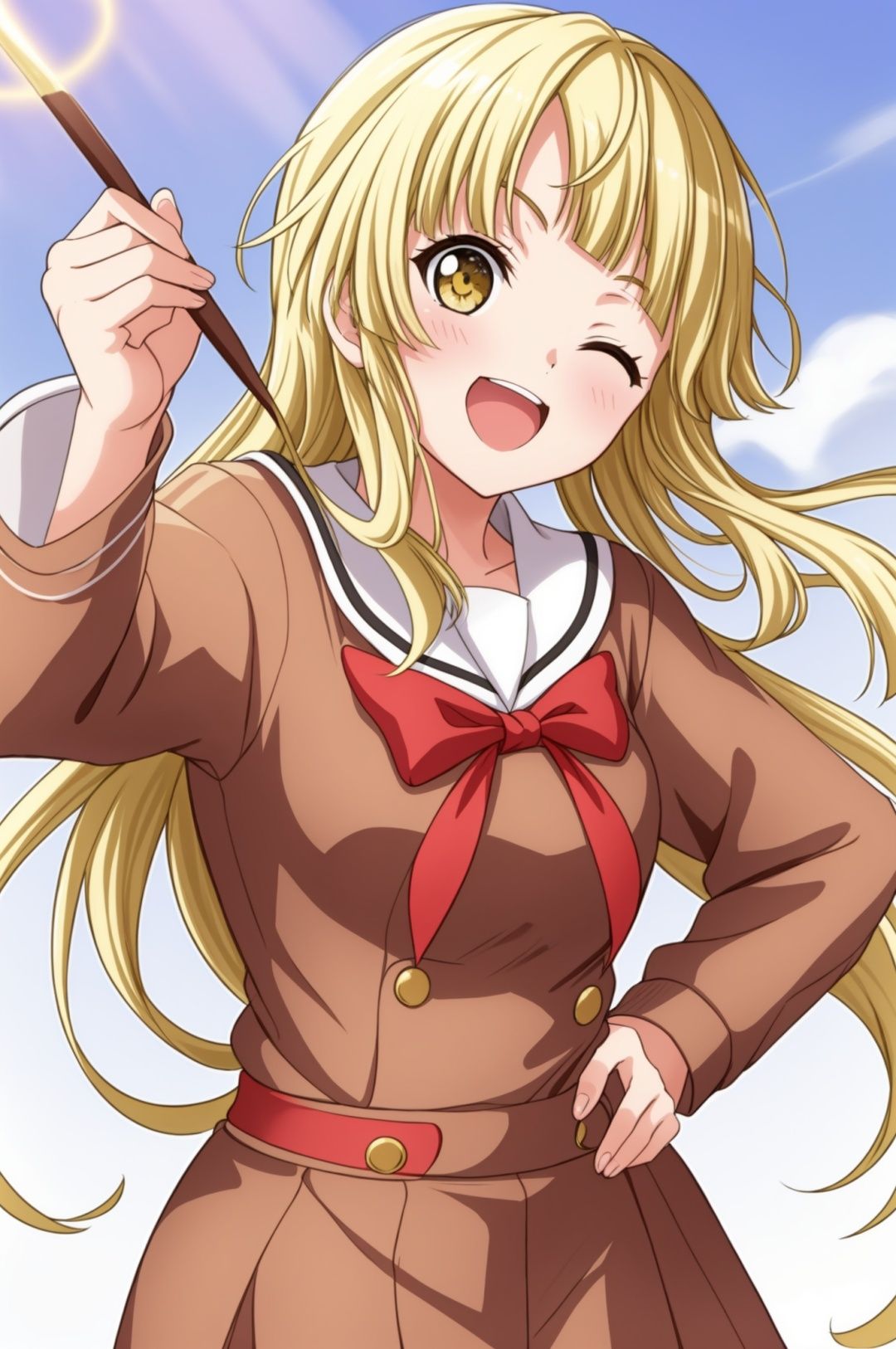 hanasakigawa school uniform,brown dress,masterpiece, best quality,hand on hip