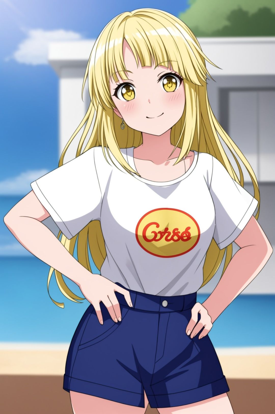 t-shirt,masterpiece, best quality,hand on hip,