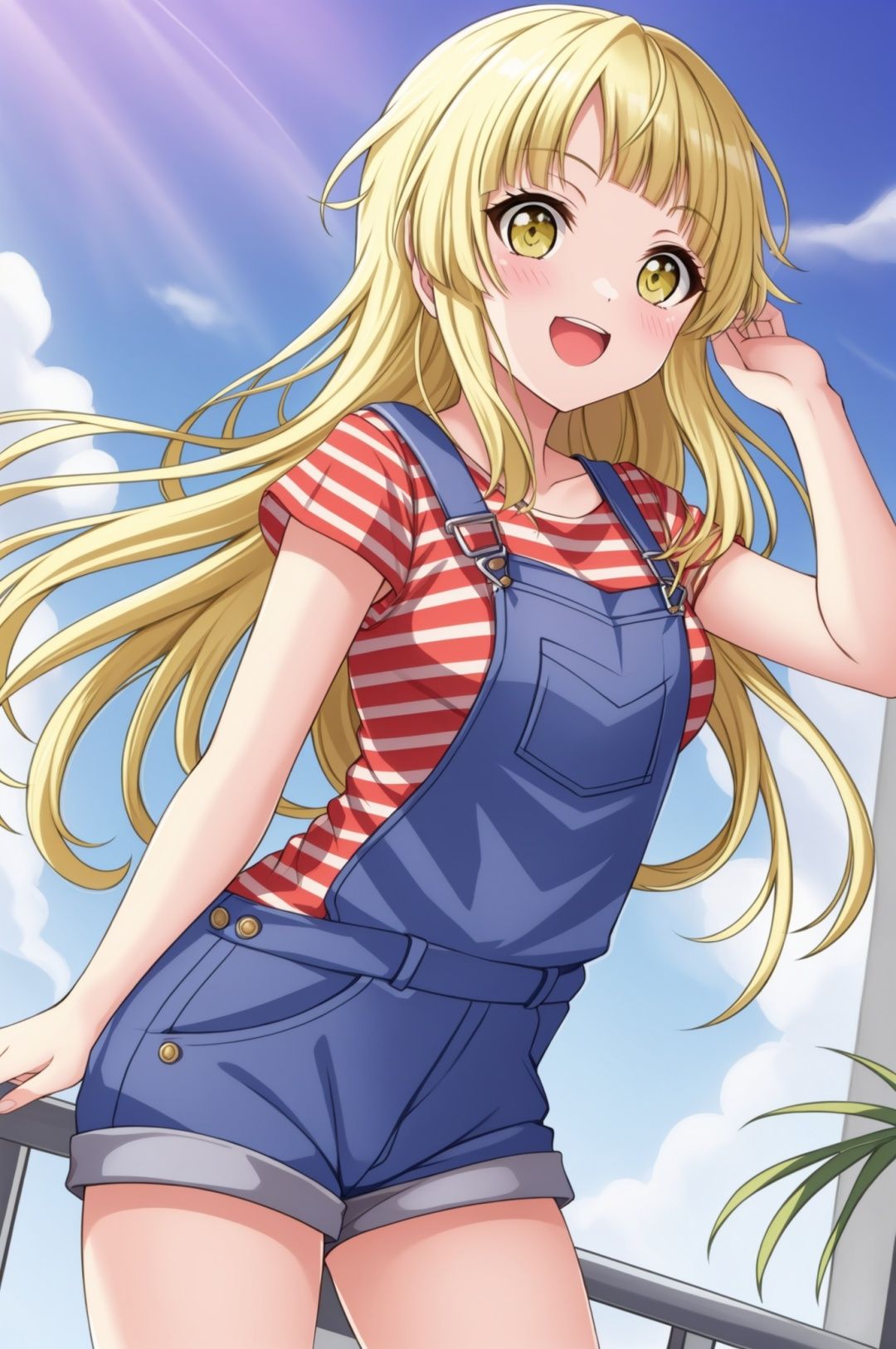 overalls,striped,shorts,masterpiece, best quality,