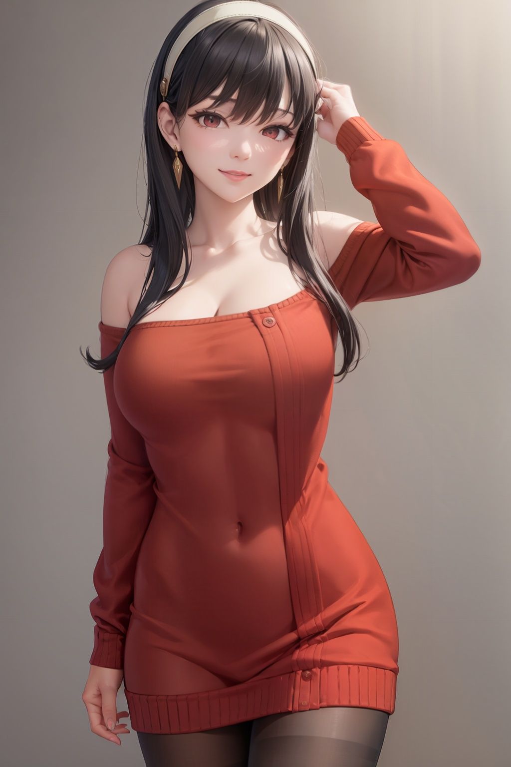 masterpiece, best quality, <lora:YorForger-sver:1>,yor briar,1girl,white hairband,red sweater,cowboy shot, grey background, smile,hand in own hair,pantyhose, 