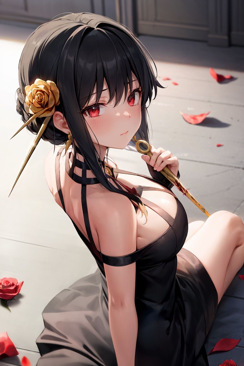 masterpiece, best quality, <lora:YorForger-sver:1>,yor briar, 1girl, solo, flower, weapon, blush, looking at viewer, dagger, sitting, petals, knife, blood, two-sided dress, gold hairband, barefoot, red flower, glint, closed mouth, looking back, bare legs, red rose, holding weapon, from above, rose petals, hand up, short dress, hair flower