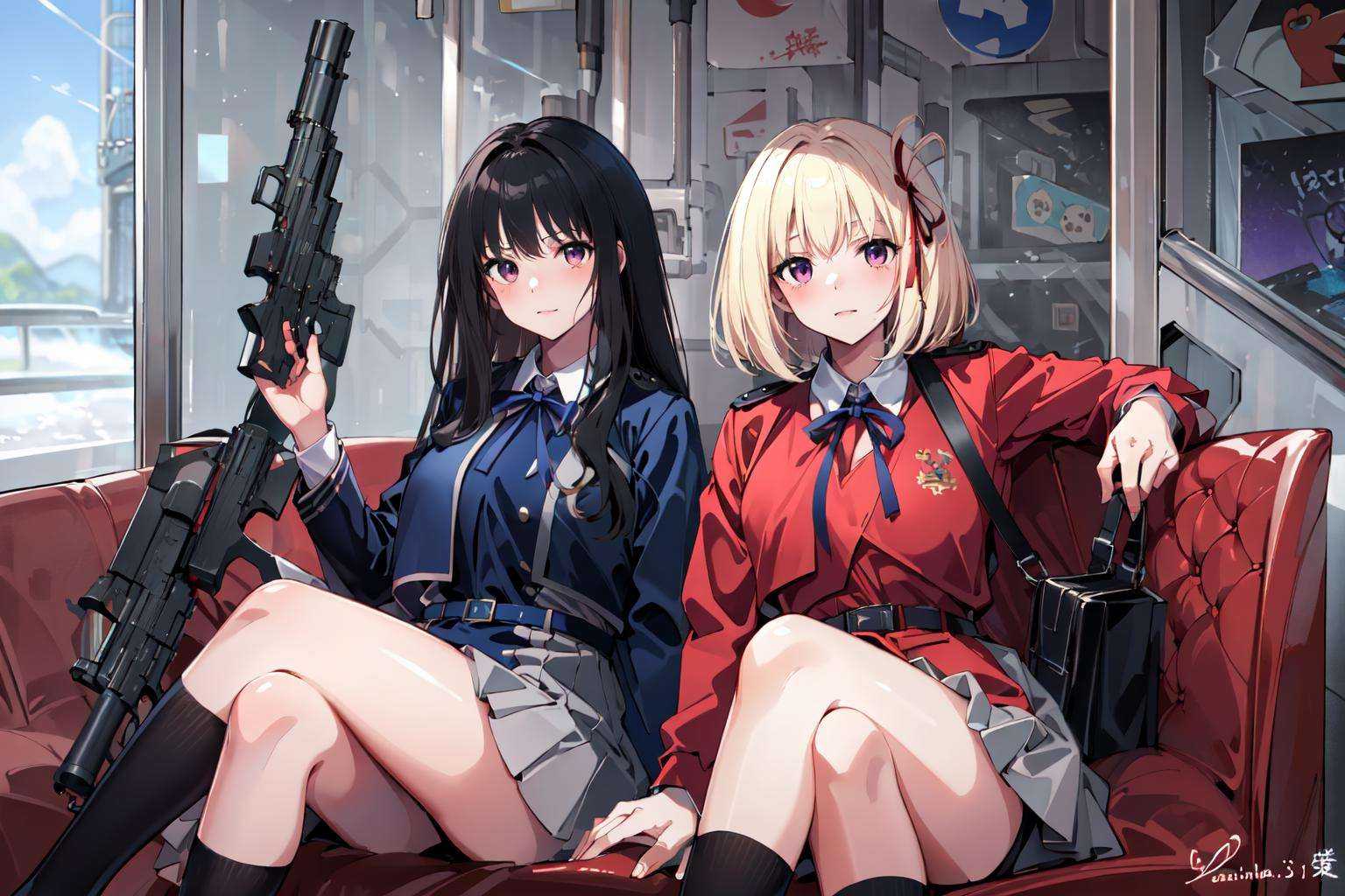 (masterpiece:1.2), best quality,pixiv,Chisato and Takina,nishikigi chisato, inoue takina, multiple girls, gun, weapon, lycoris uniform, 2girls, black hair, handgun, m1911, blonde hair, long hair, sitting, holding gun, pleated dress, short hair, bullet hole, crossed legs, ribbon, holding, bangs, holding weapon, dress, red eyes, grey dress, hair ribbon, train interior, shirt, school uniform, black socks, bullet, socks, white shirt, looking at viewer, graffiti, purple eyes, two-tone dress, red ribbon, blue ribbon, neck ribbon, belt, collared shirt, bag, blue dress, red dress, blood, jacket, bob cut, thighs, magazine (weapon) <lora:Chisato and Takina_20230821221340-000018:1>