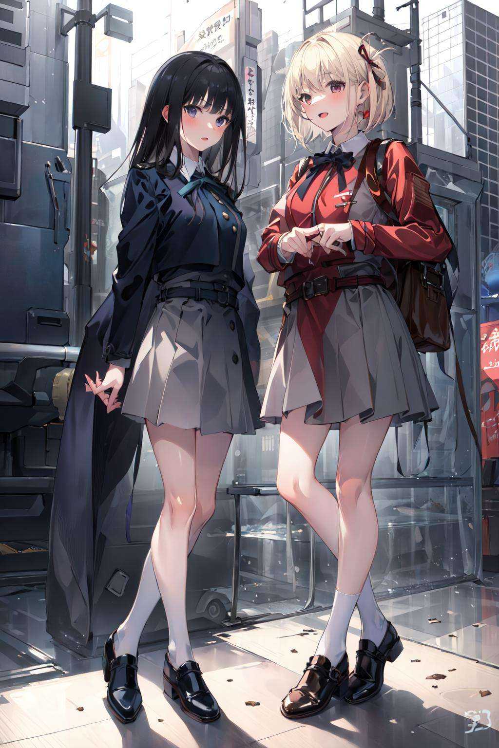 (masterpiece:1.2), best quality,pixiv,Chisato and Takina,2girls,uniform,<lora:Chisato and Takina_20230821221340:1>