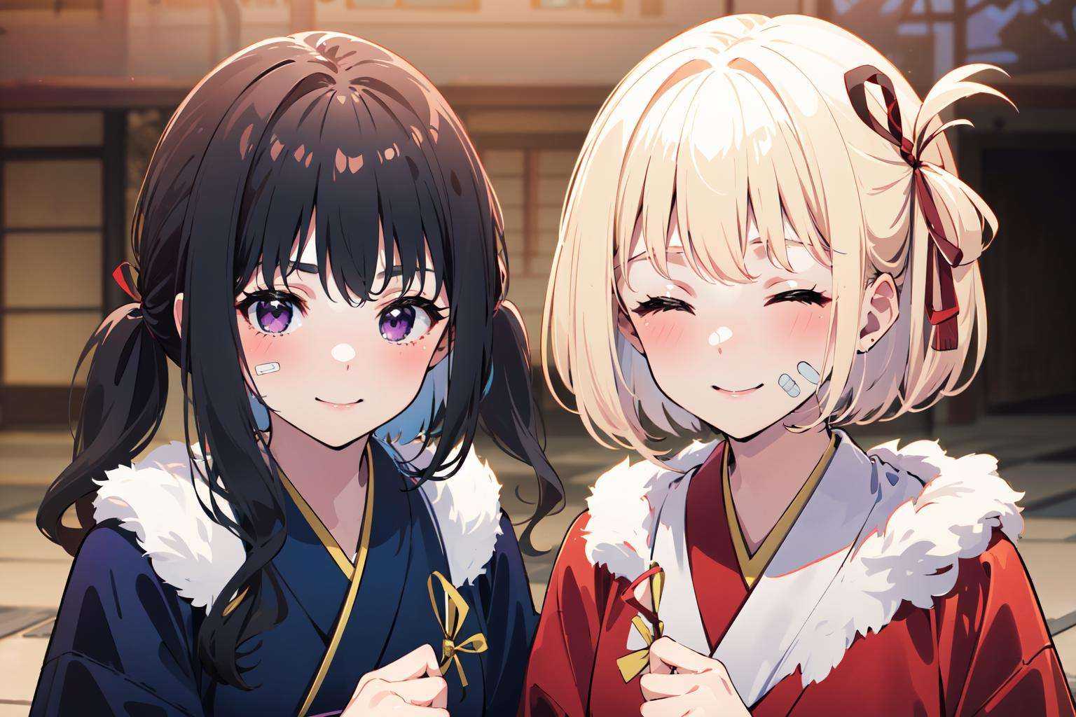 (masterpiece:1.2), best quality,pixiv,Chisato and Takina,inoue takina, nishikigi chisato, multiple girls, 2girls, black hair, blonde hair, twintails, long hair, short hair, red ribbon, closed eyes, ribbon, hair ribbon, japanese clothes, smile, blue kimono, purple eyes, kimono, bangs, red kimono, upper body, indoors, closed mouth, looking at viewer, bandaid, bandaid on face, blurry background, blurry, tasuki, parody <lora:Chisato and Takina_20230821120834:1>