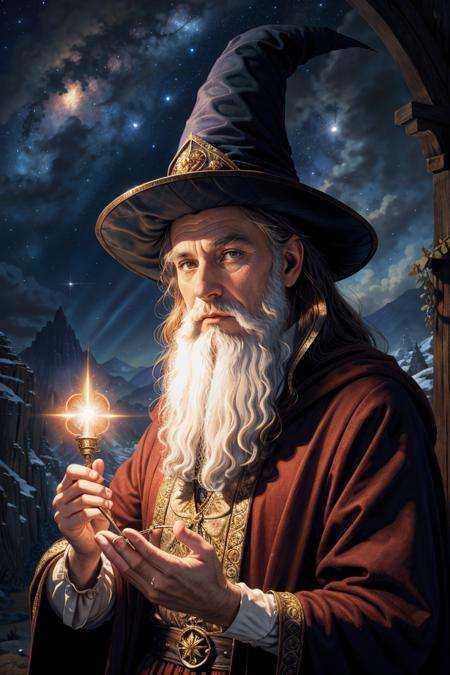 Art by Gerald Brom,  good old wizard,  pointed hat on Tensor.Art