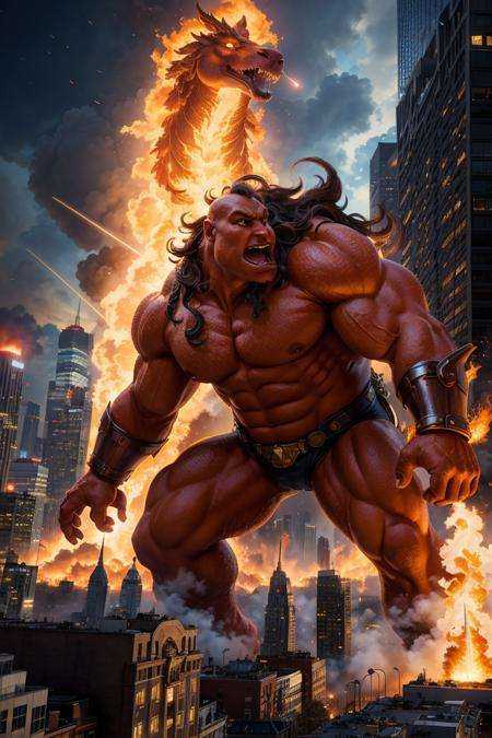(dynamic camera),  a large powerful fire breathing creature destroying a metropolitan city,  with a hero in the foreground...