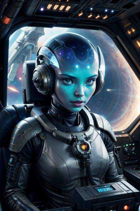 A Alien (from a different planet) in the cockpit sitting on the pilot's seat flying a spaceship at Earth. Science fiction,...