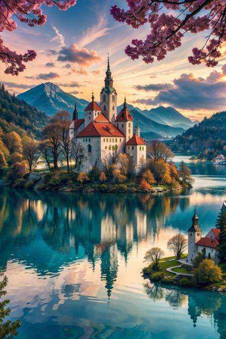 Mystical Lakes: Visit the mystical Lake Bled in Slovenia,  with its emerald-green waters,  island church on Tensor.Art