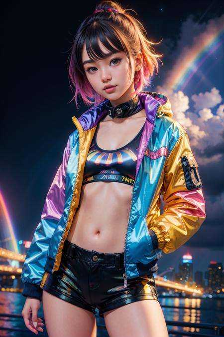 (dynamic camera),  a person wearing a colorful jacket in the dark,  by Yuumei on Tensor.Art