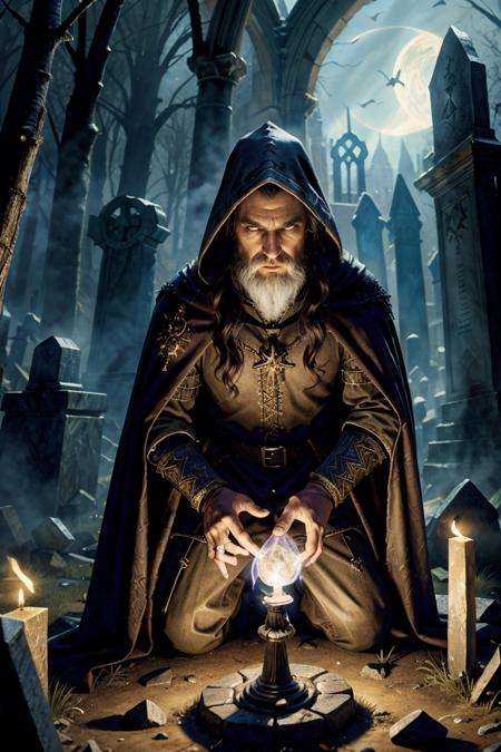 medieval fantasy ((Art)) of a dark wizard using magic to create a zombie in a graveyard,  RAW photo,  full sharp on Tensor...