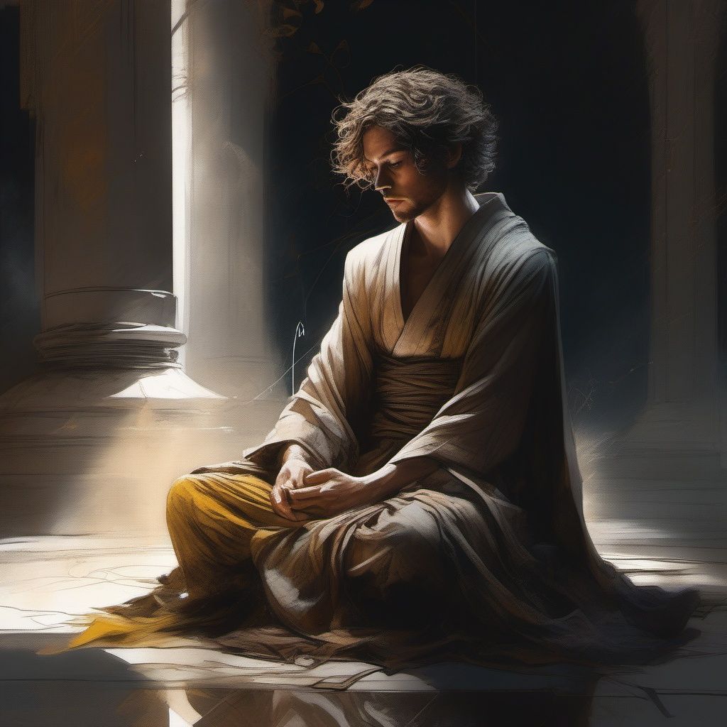 seated meditation, Jedi, Caravaggio, shadows, space opera, futuristic, stone floor
night, robes, cloth, folds,
short, curly hair, mysterious, meditation
character study, masterpiece, shadows, expert, insanely detailed, 4k resolution, 
carne griffiths, charlie bowater, john william waterhouse, colours, chiaroscuro,