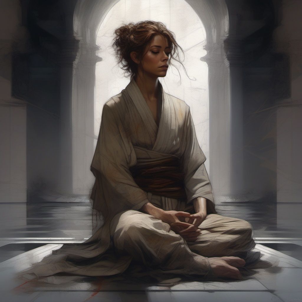 seated meditation, Jedi, Caravaggio, shadows, space opera, futuristic, stone floor
night, robes, cloth, folds,
short, curly hair, mysterious, meditation
character study, masterpiece, shadows, expert, insanely detailed, 4k resolution, 
carne griffiths, charlie bowater, john william waterhouse, colours, chiaroscuro,