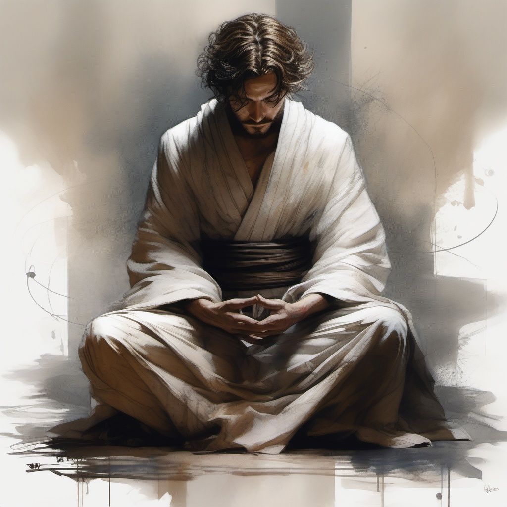 seated meditation, Jedi, Caravaggio, shadows, space opera, futuristic, stone floor
night, robes, cloth, folds,
short, curly hair, mysterious, meditation
character study, masterpiece, shadows, expert, insanely detailed, 4k resolution, 
carne griffiths, charlie bowater, john william waterhouse, colours, chiaroscuro,