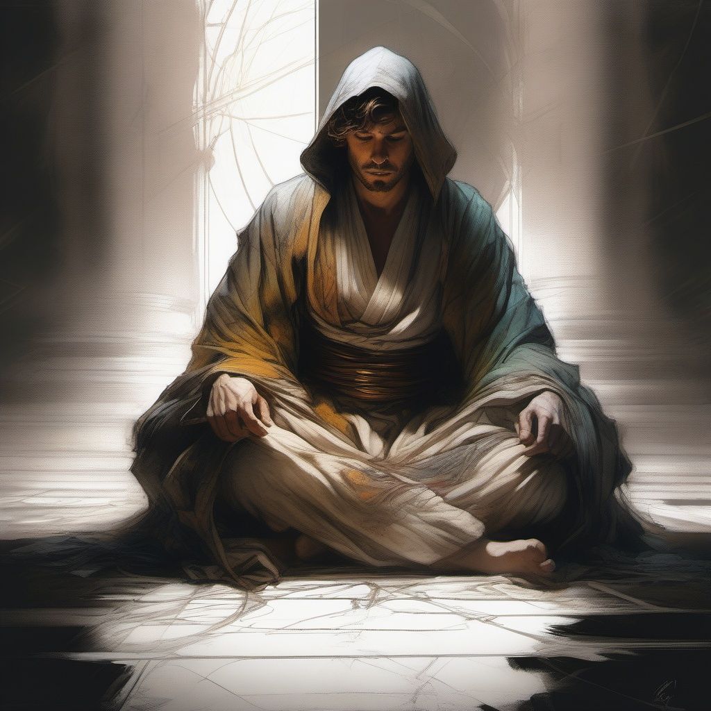 seated meditation, Jedi, Caravaggio, shadows, space opera, futuristic, stone floor
night, robes, cloth, folds,
short, curly hair, mysterious, meditation
character study, masterpiece, shadows, expert, insanely detailed, 4k resolution, 
carne griffiths, charlie bowater, john william waterhouse, colours, chiaroscuro,