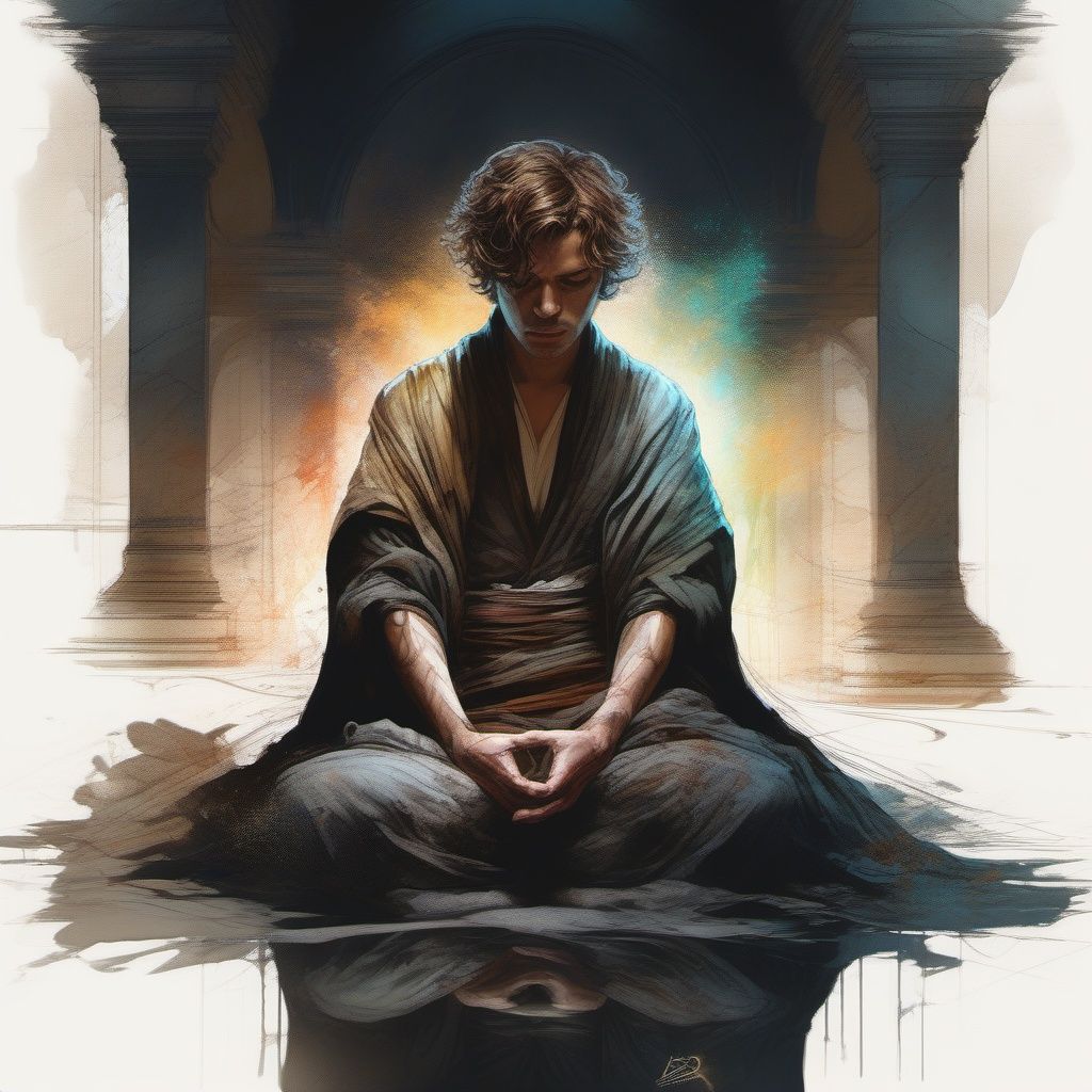 seated meditation, Jedi, Caravaggio, shadows, space opera, futuristic, stone floor
night, robes, cloth, folds,
short, curly hair, mysterious, meditation
character study, masterpiece, shadows, expert, insanely detailed, 4k resolution, 
carne griffiths, charlie bowater, john william waterhouse, colours, chiaroscuro,