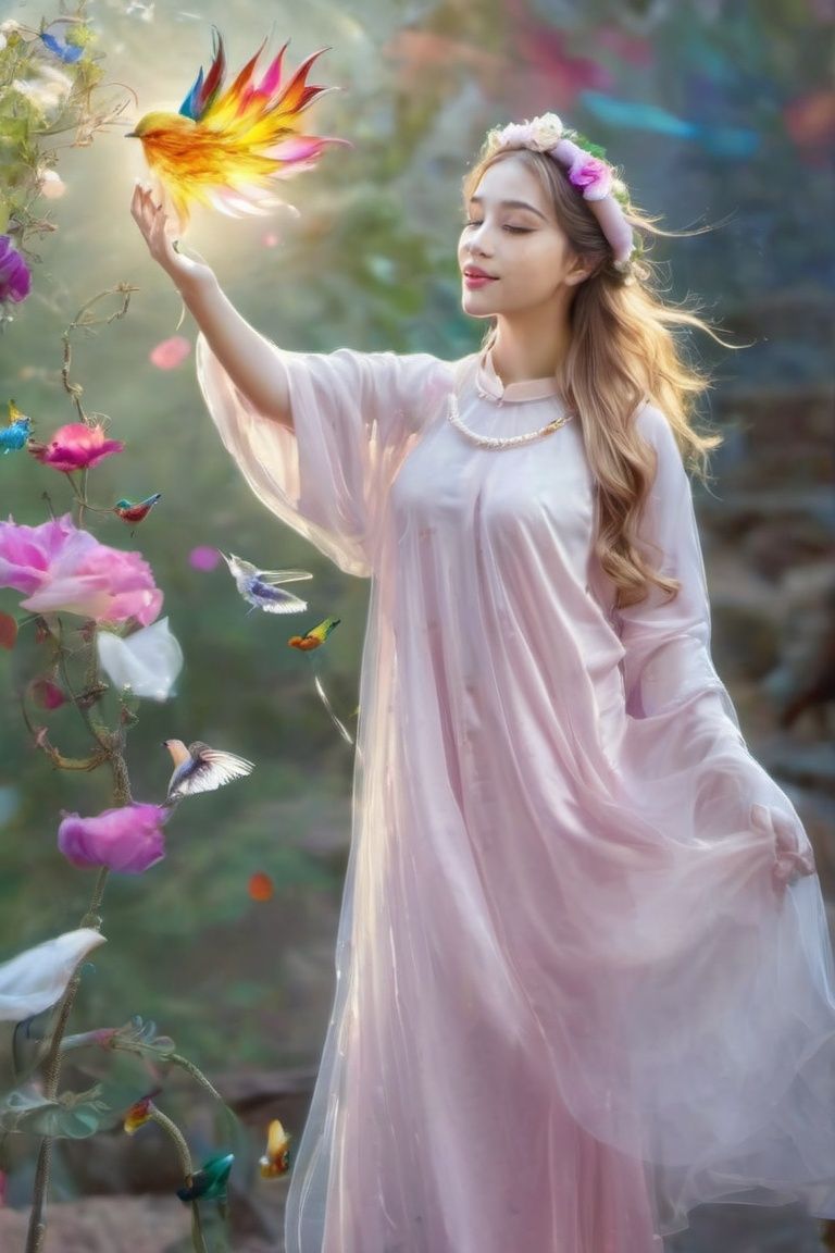 ((masterpiece), (best quality), (highly detailed)), beautiful girl standing in a fairy scene, wearing an aotac, the sun shining down on her clear skin, creating a dreamy, romantic image, long silky hair blowing in the wind, colorful flower petals and little birds flying around her,aotac, (hair ornament:1.2),Acssessory
