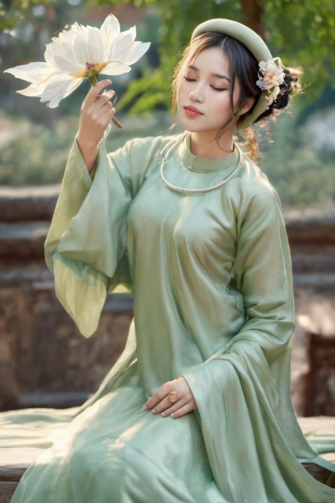 ((masterpiece), (best quality), (highly detailed)), beautiful girl sitting, temple, wearing an aotac, long silky hair blowing in the wind, holding flower, little birds flying around her, aotac, (hair ornament:1.2), Acssessory
