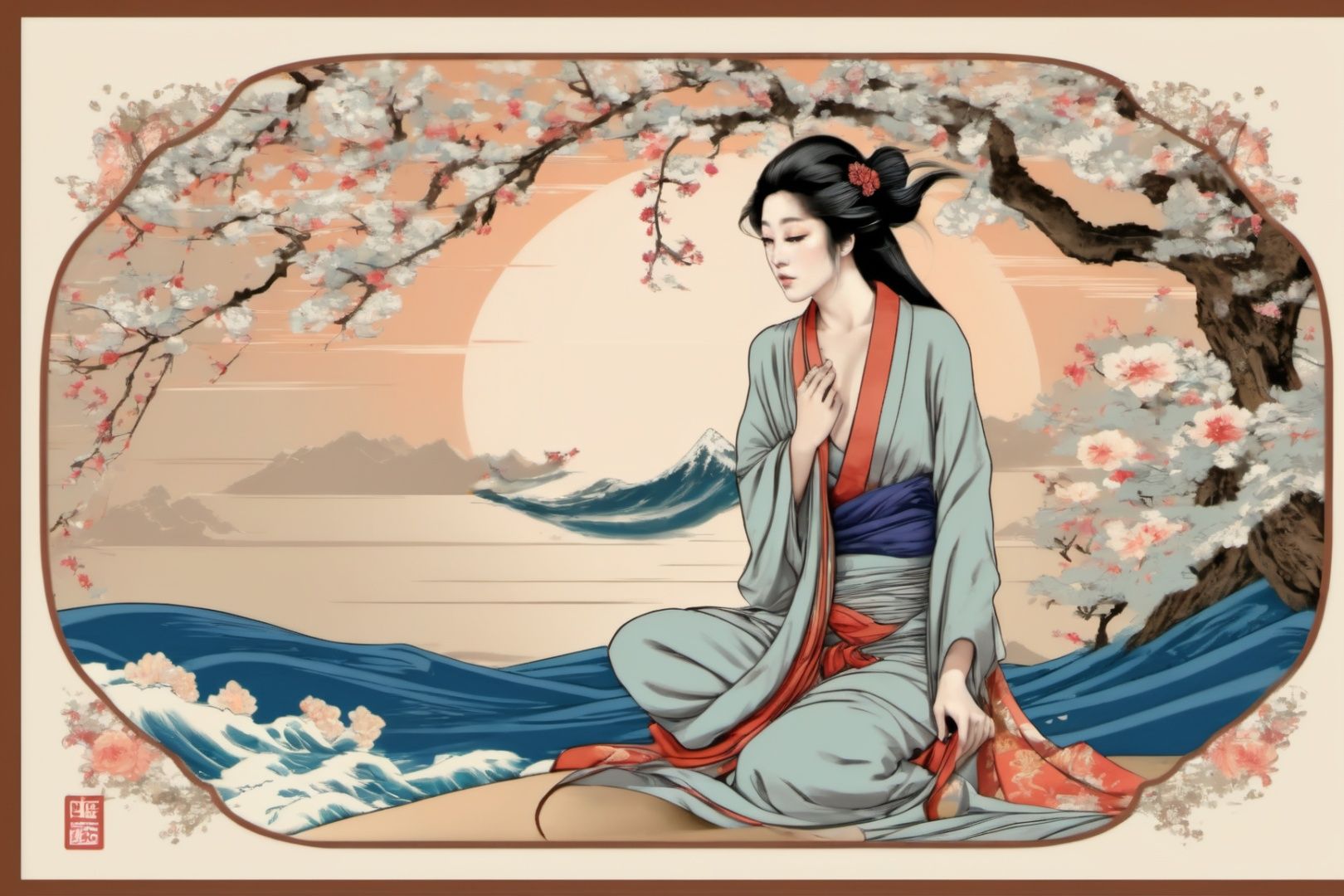 ((masterpiece), (best quality), (highly detailed)), beautiful girl sitting, temple, long silky hair blowing in the wind, holding flower, little birds flying around her, (hair ornament:1.2), Acssessory, wave, ukiyo_e
