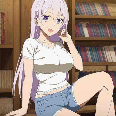 (cowboy shot),Reona,solo,t shirt denim shorts,looking at viewer,:d,sitting,hand on own knee,bookshelf,