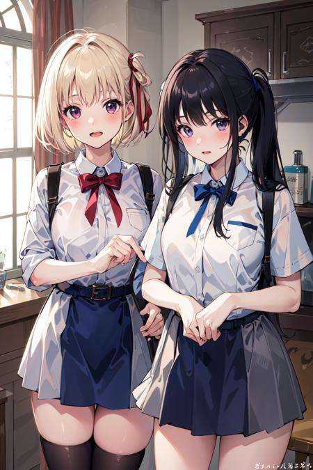 (masterpiece:1.2), best quality,pixiv,Chisato and Takina,2girls,uniform,<lora:Chisato and Takina_20230821221340:0.8>