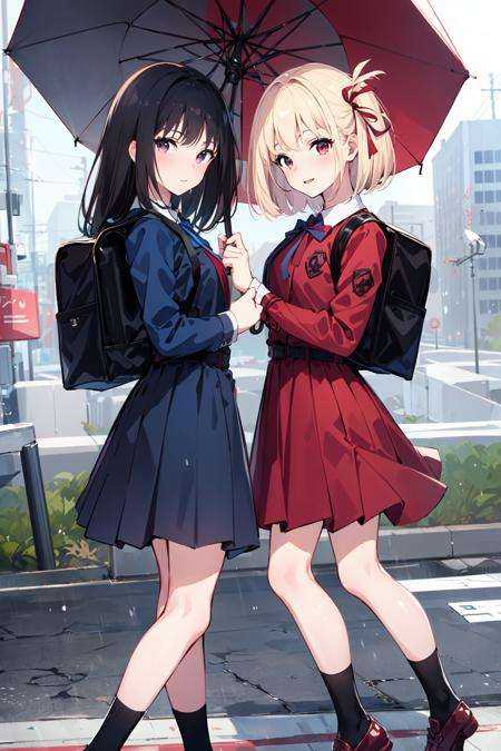 (masterpiece:1.2), best quality,pixiv,Chisato and Takina,nishikigi chisato, multiple girls, inoue takina, lycoris uniform, black hair, blonde hair, long hair, grey dress, pleated dress, short hair, dress, two-tone dress, red eyes, umbrella, bag, ribbon, holding, hair ribbon, school uniform, red ribbon, rain, holding umbrella, bangs, black socks, red dress, socks, blue dress, white shirt, purple eyes, shirt, city, looking at viewer, long sleeves, red belt, backpack <lora:Chisato and Takina_20230821120834:1>